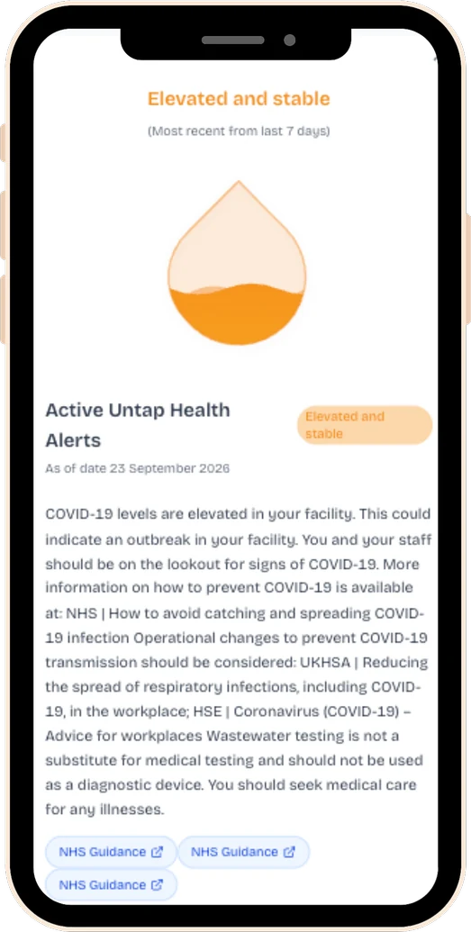 An Untap alert on a phone: COVID-19 elevated and stable, with advice for the site and links to NHS guidance.